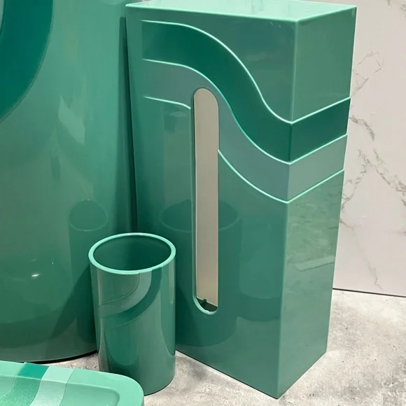 Vintage seafoam teal plastic bathroom accessories waste bin cup soap dish tissue - Picture 5 of 16